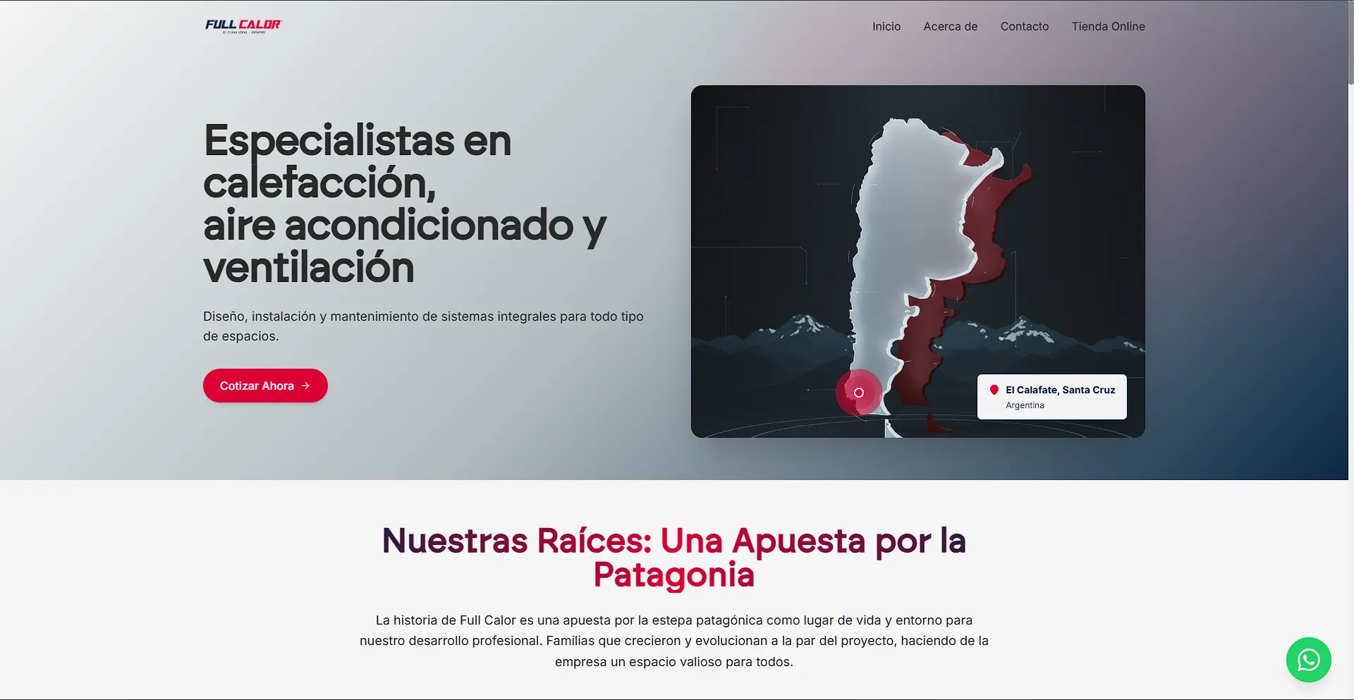 Landing page de Full Calor, vista en computadora