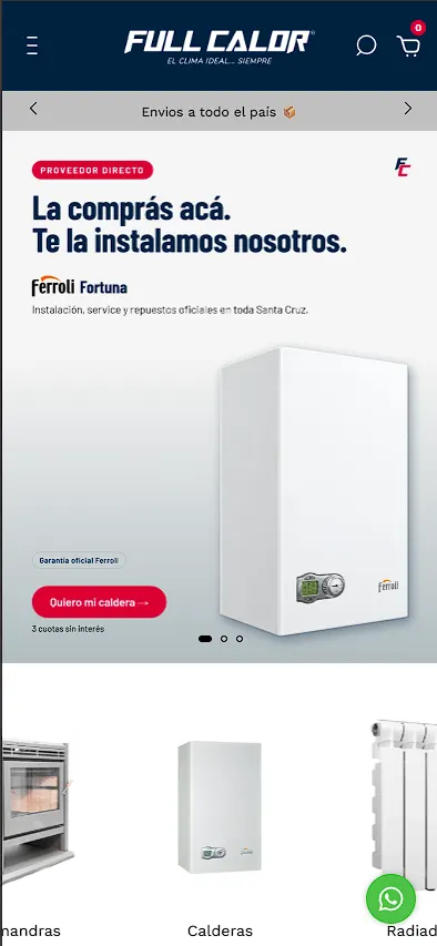 Tienda online de Full Calor con la barra “Envíos a todo el país”, vista en celular