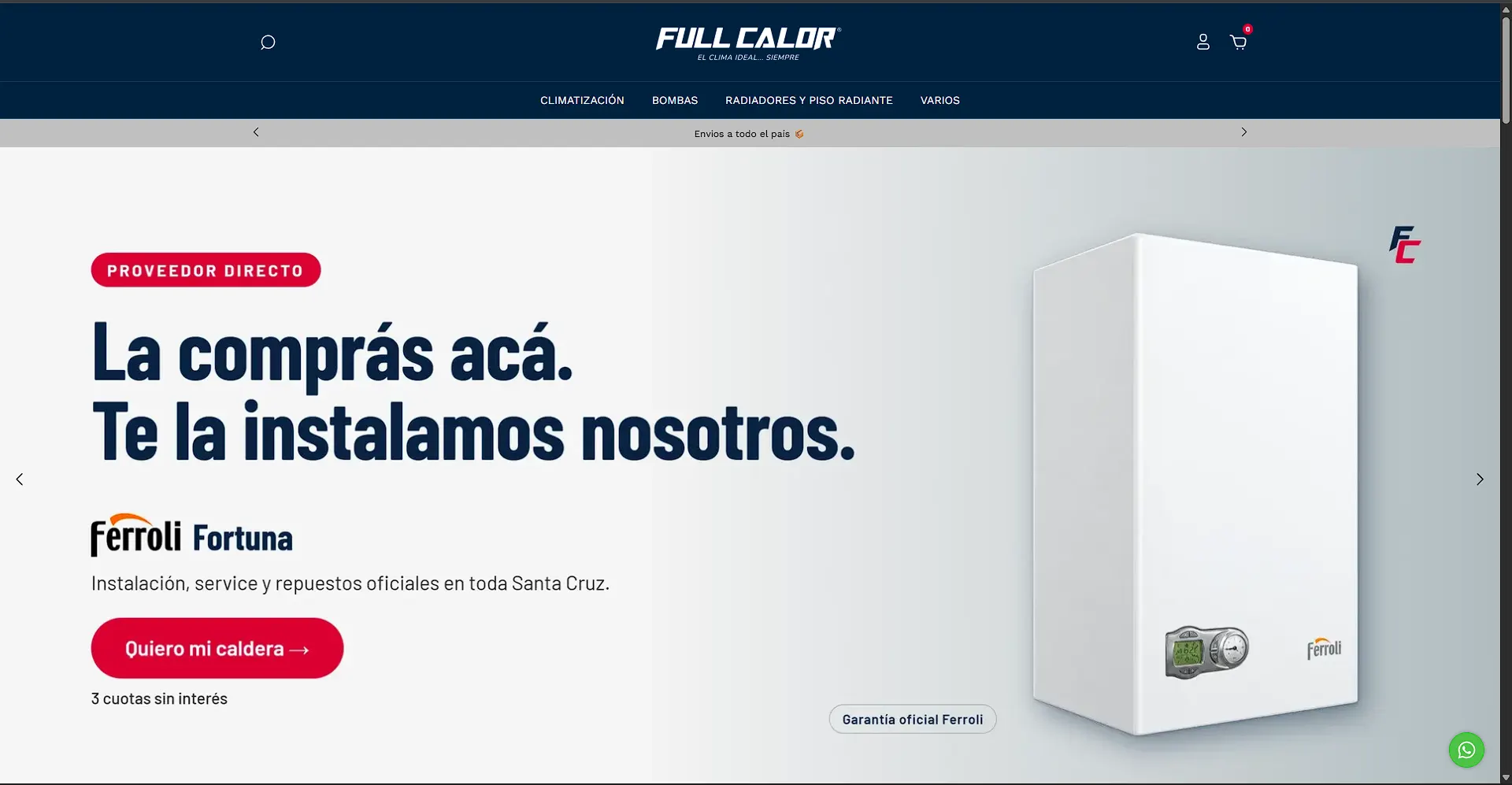 Tienda online de Full Calor con la barra “Envíos a todo el país”, vista en computadora