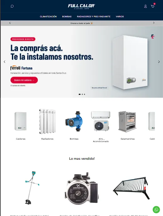 Tienda online de Full Calor con la barra “Envíos a todo el país”, vista en tablet